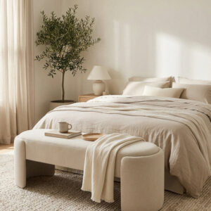 ספסל מרופד OVAL בצבע שמנת